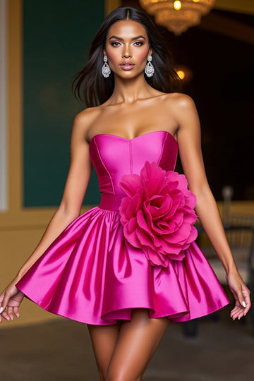 Fuchsia A Line Corset Strapless Floral Short Cocktail Dress